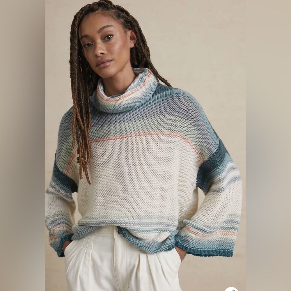 Anthropologie Cream and Teal Striped Cove Turtleneck Sweater